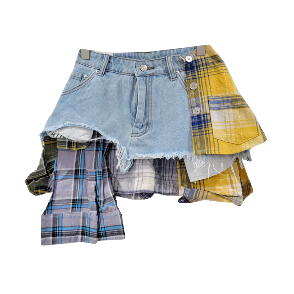 Irregular Short Skirt Women 2024 Spring Summer Checks Stitching High Waist A- Line Denim Skirt Korean Fashion Clothing