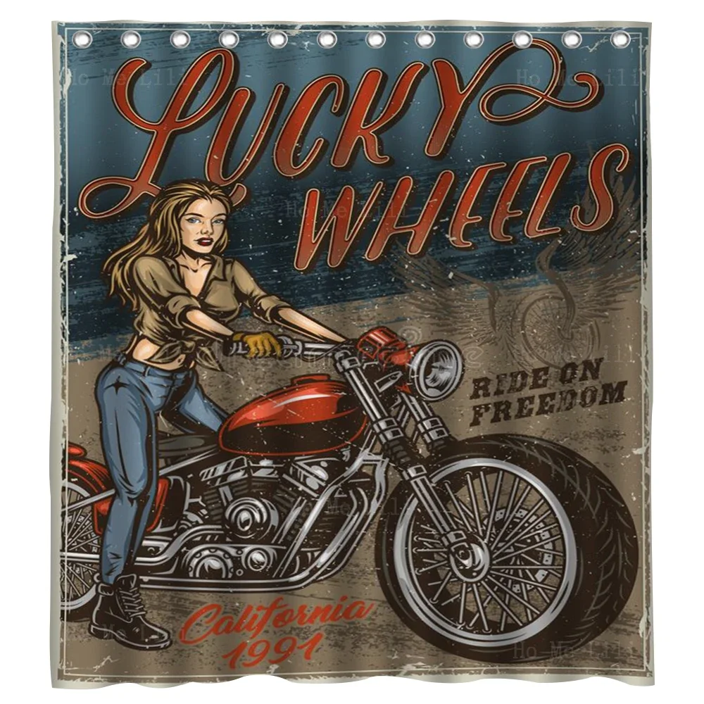 Vintage Colorful Motorbike Poster Pretty Biker Girl And Classic Motor Illustration Shower Curtain By Ho Me Lili  Bathroom Decor