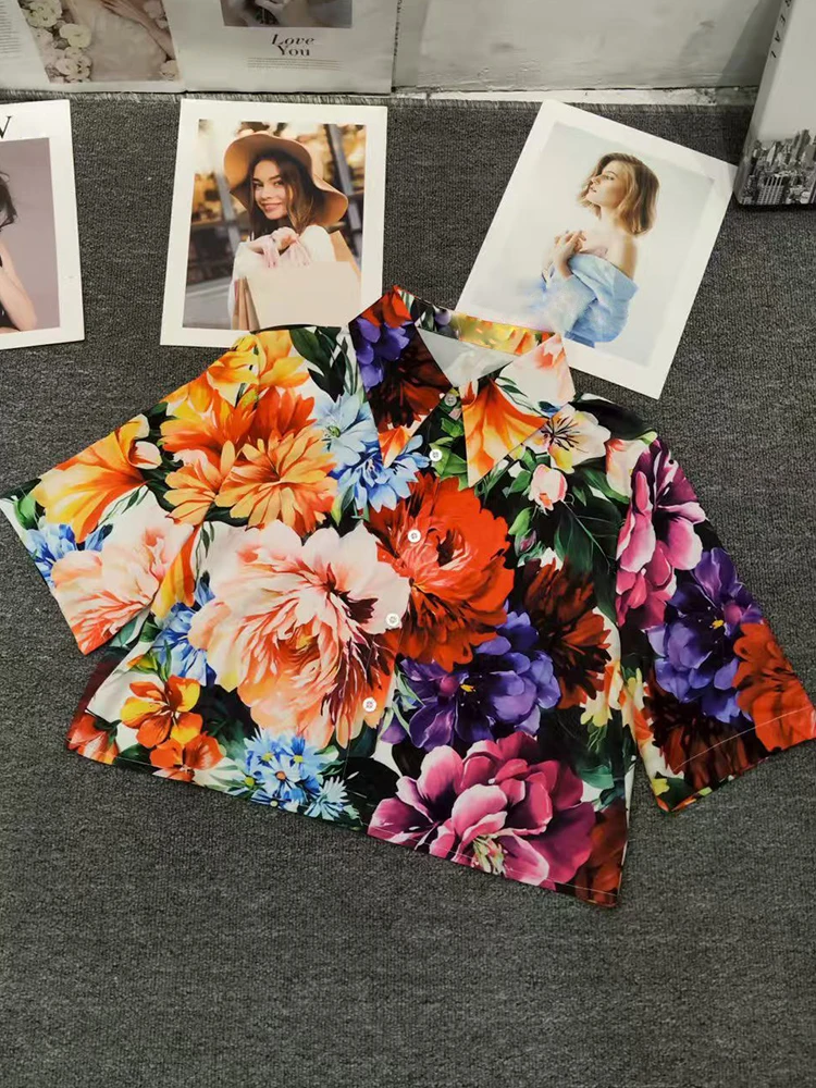 

Designer's retro printed lapel straight-leg short shirt two-piece summer women's wear + high-waisted loose skirt fashion set