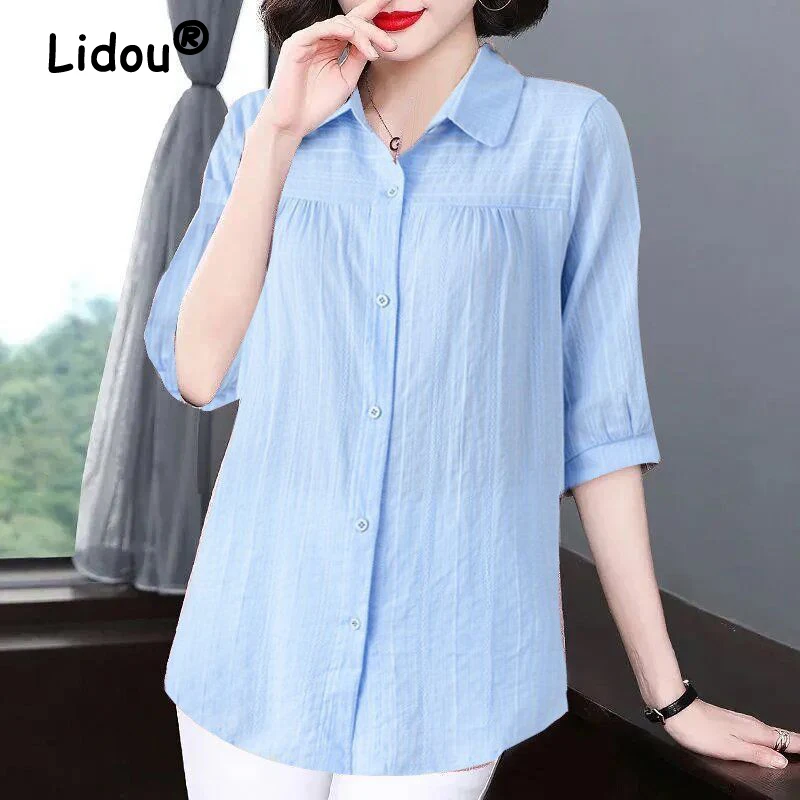 

Women Summer Korean Fashion Solid Short Sleeve Shirts Simple Casual Commute Loose Blouses Solid Lapel Cotton Tops Blusa Feminino