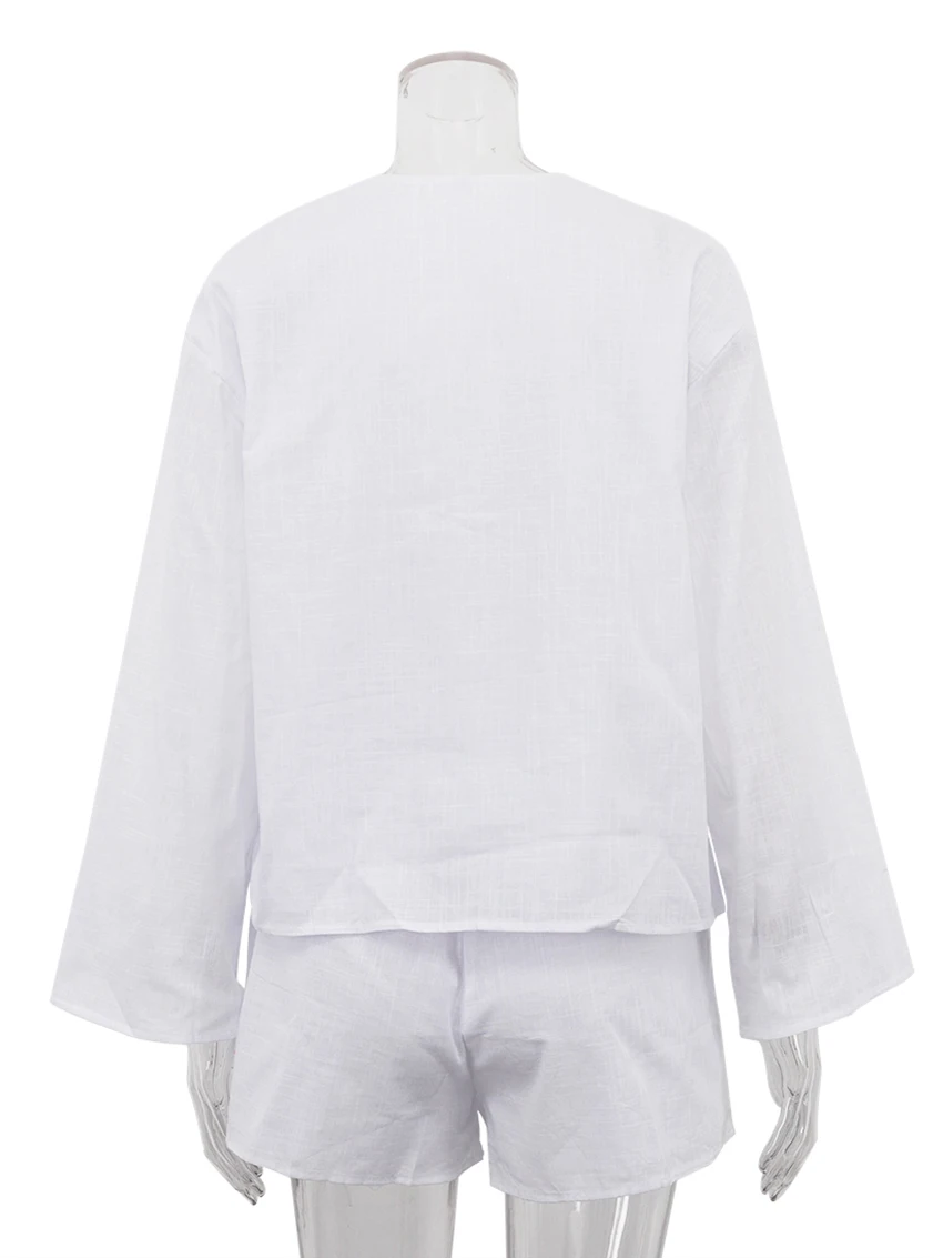 Marthaqiqi Fashion Women'S Pajamas Set Sexy V-Neck Sleepwear Lace Up Nightwear Long Sleeve Nightgowns Shorts Casual Pyjamas Suit