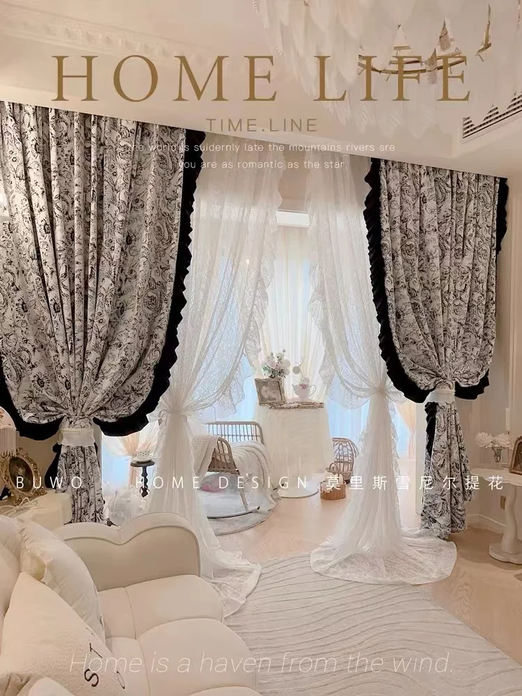 

American Modern Curtains for Living Room Bedroom Light Luxury French Cream Chenille Jacquard Blackout Fabric Decor White Tulle