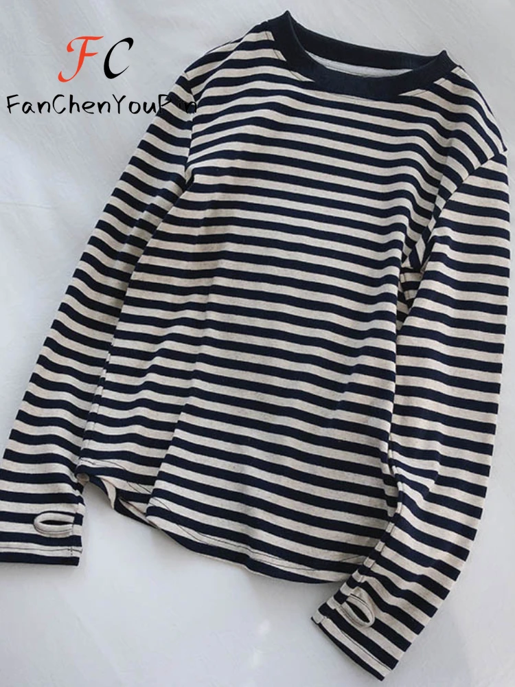 Spring Womens T-shirts 2024 New Korean Casual Soft Cotton Striped Long Sleeved Top Simplicity O-neck Versatile Loose Tees Female