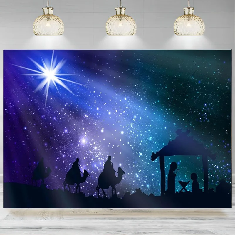 Fabric Manger Nativity Scene Backdrop Christmas Star Night Bethlehem Starlight Birth of Jesus Three Wise Men Background Christm