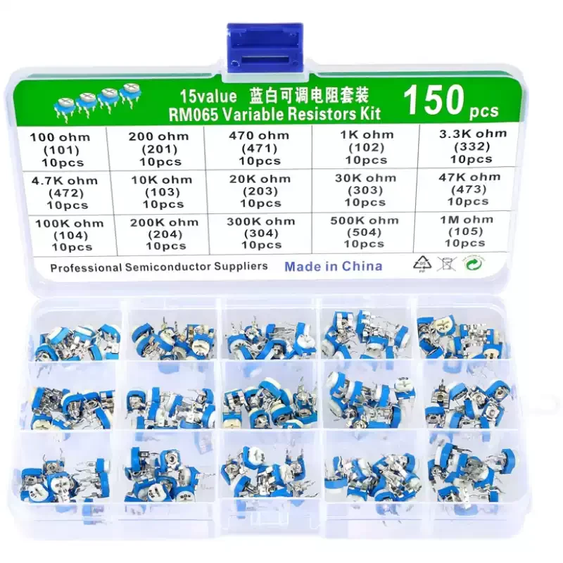 150Pcs/Set RM065 Kit Horizontal Adjustable Resistors 15 Values 10 of Each Kinds Blue White Potentiometer with Box Resistor