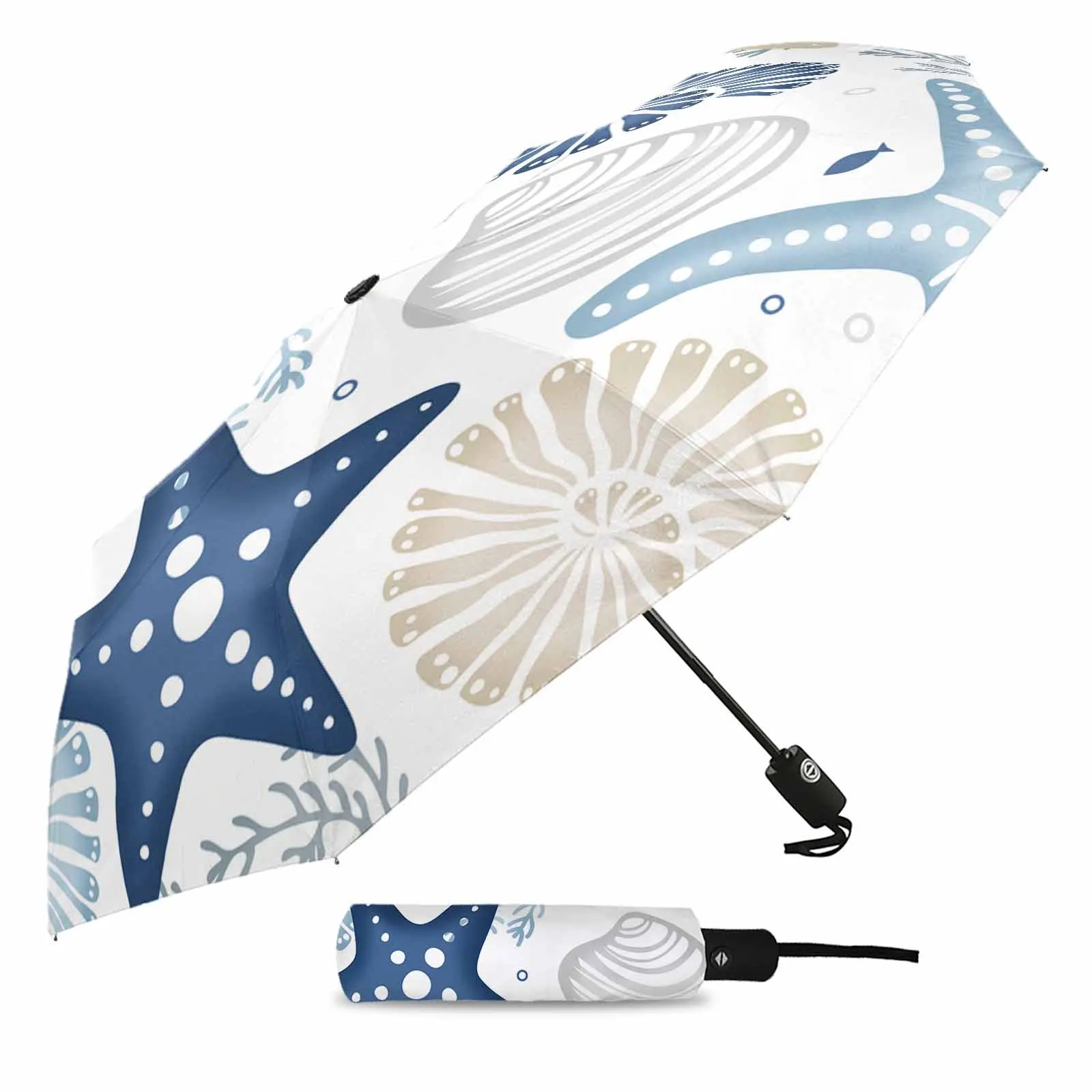 Marine Organisms Corals Starfish Shells Automatic Umbrella Travel Folding Umbrella Portable Parasol Windproof Umbrellas