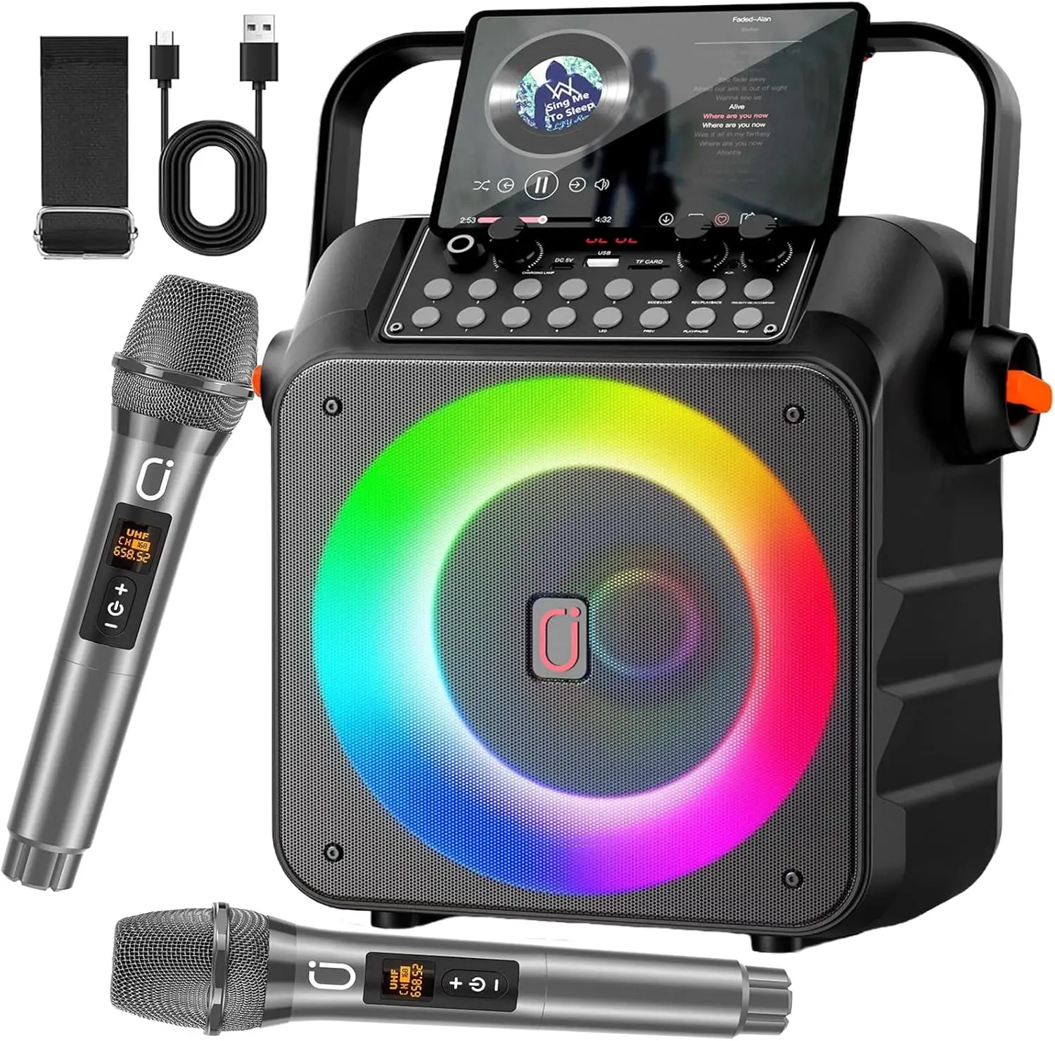 

Portable Karaoke Machine with 2 Wireless Mics, Bluetooth Speaker & DJ Lights for Home and Outdoor Singing Parties