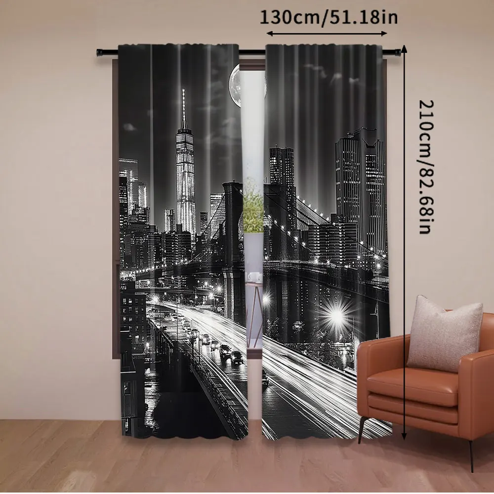 2Pcs Black And White Curtain New York City Night Scene Urban Life Brooklyn Manhattan Suitable For Bedroom Living Room Dining