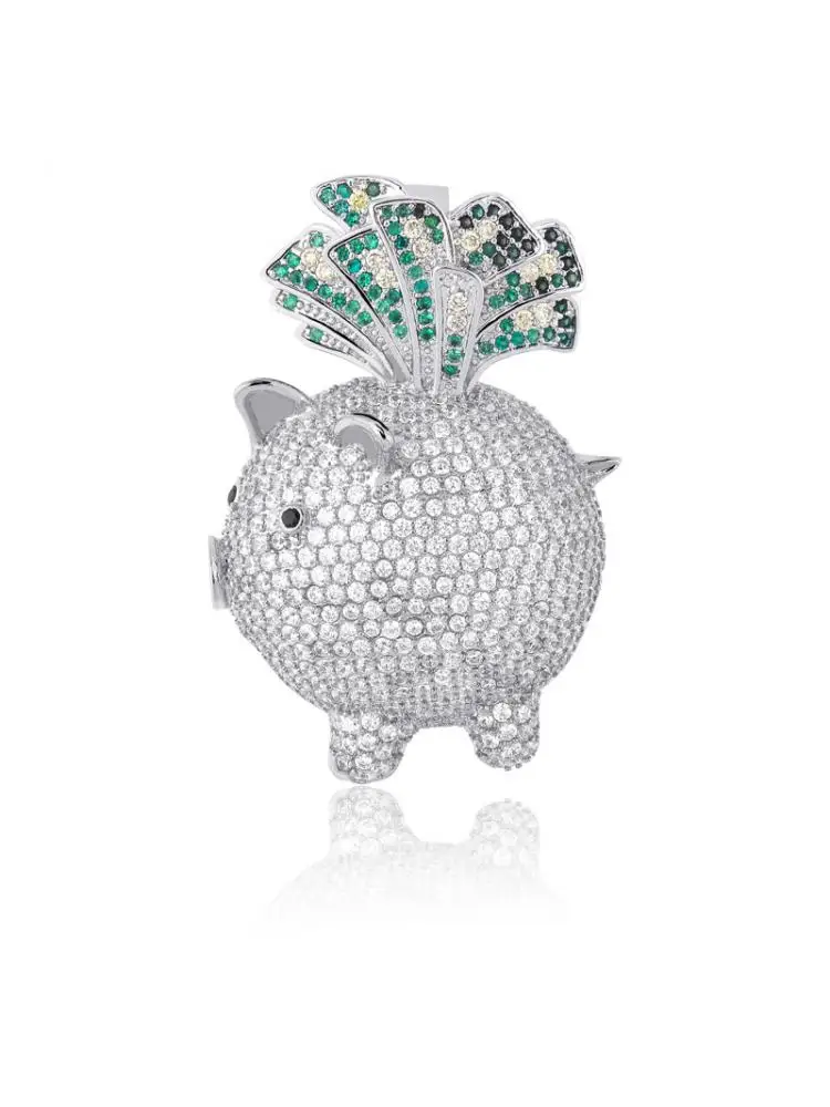 Green AAA+ Cubic Zirconia Paved Bling Iced Out US Dollar Piggy Bank Pendants Necklace for Men Hip Hop Rapper Jewelry