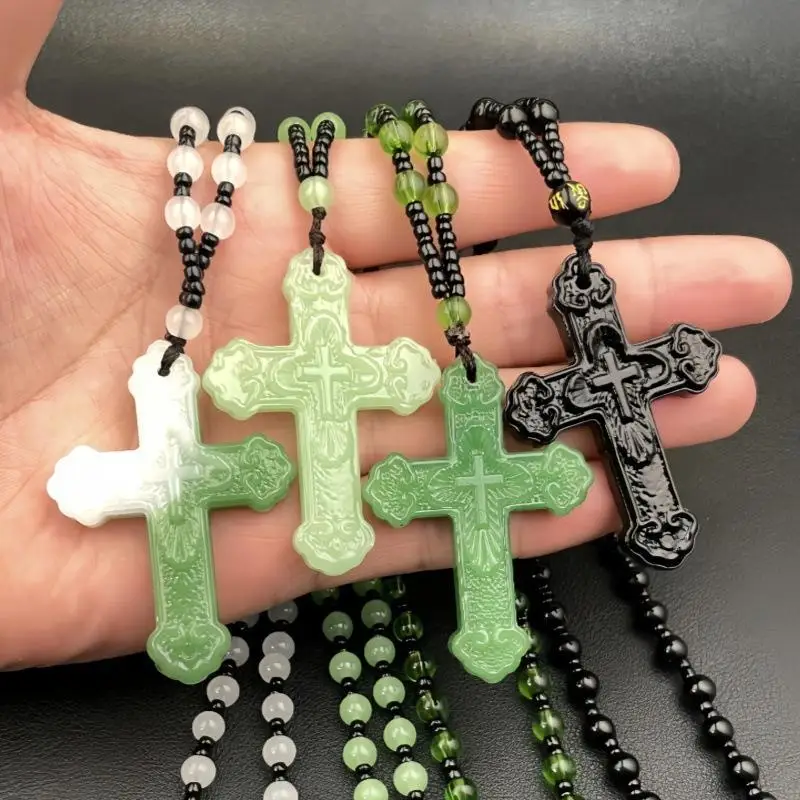 Imitation Green Jade Cross Pendant Necklace Hand-carved Charm Jadeite Jewelry Fashion Luck Gifts For Men Women
