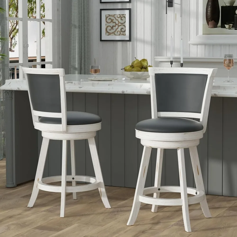 

24" Counter Height Swivel Bar Stools, High Back Bar Stools with Grey Faux Leather Upholstered Seat & Solid Wood Footrest, Counte
