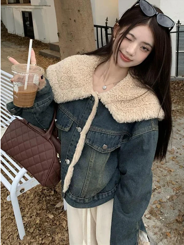 

Женская утепленная джинсовая куртка на флисовой подкладке, осенне-зимнее теплое хлопковое пальто в корейском стиле с высоким воротником и длинными рукавами