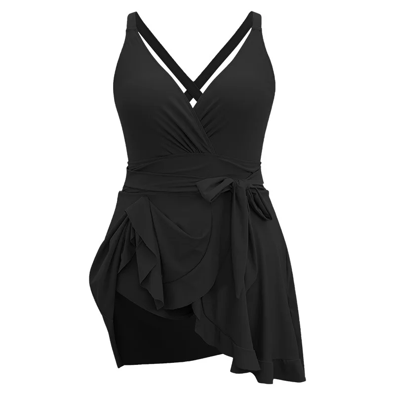 5XL Plus Size One Piece Swimdress for Women Wrap Front Swimsuit Tie Side Bow Cross Back Adjustable Straps Beach Bathing Suit