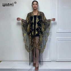 WINYI Embroidered tassel cardigan Bikini Cover-ups dress Perspective sexy Holiday beach outfits for women Evening dress shawl