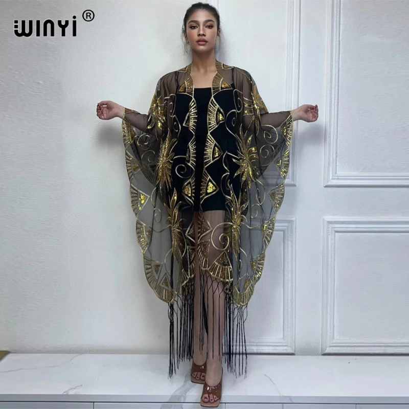 WINYI Embroidered tassel cardigan Bikini Cover-ups dress Perspective sexy Holiday beach outfits for women Evening dress shawl