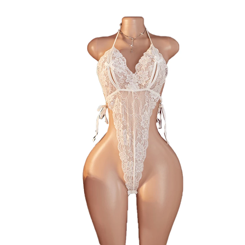 

Новое прозрачное сексуальное белое кружевное боди с высоким вырезом, женское нижнее белье с открытой промежностью, экзотическая пижама-боди, эротическое белье
