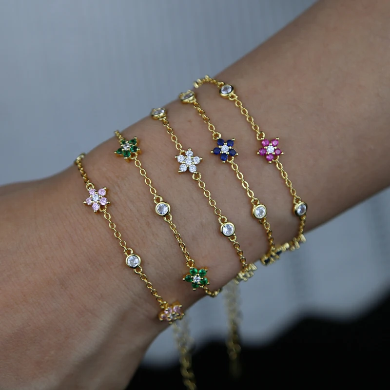 New Summer New Colorful Women Jewelry Multi Color CZ Station Link Chain Dainty Flower Charm Bracelet