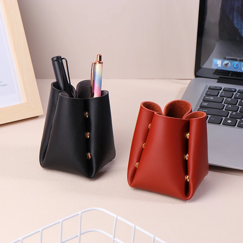 Creative PU Leather Pen Holder Home Ofiice Desk Organizer Makeup Brush Lipstick Eyebrow Pencil Folding Storager Bag