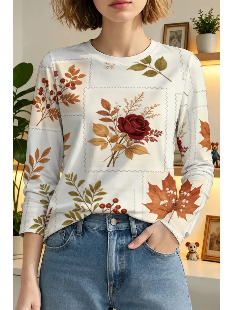 Autumn Women Christmas Long Sleeve Shirt Santa Claus Snowflake Checkered All Over Print Crewneck Casual Holiday Xmas Tops Blouse