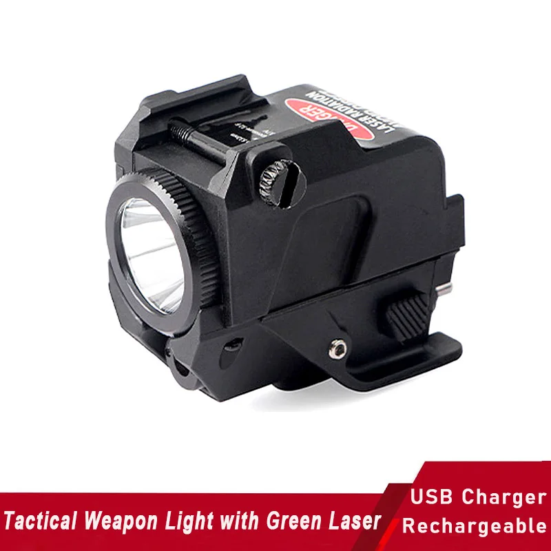 Tactical Rechargeable Pistol White Light Integrated with Visible Green Laser Hunting Rifle LED Flashlight USB Charger Picatinny
