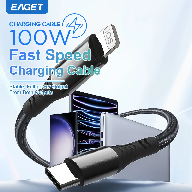 Eaget 2 in 1 USB C Cable For iPhone 15 100W PD Type C to C to Lightning QC 4.0 Fast Charging Cable Type C Cable For PC Samsung