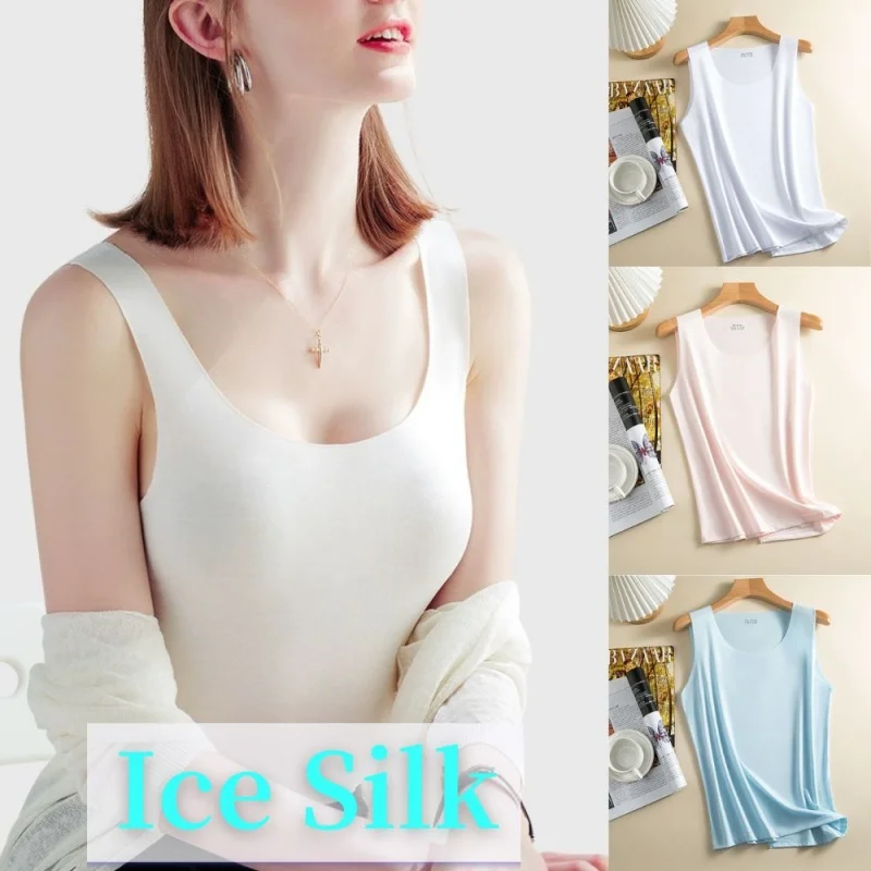 

2024 Summer Ice Silk Tank Tops Seamless Tanks Camis Women's Sleeveless Shirt Plus Size Tank Tops Basic Thin Bottoming Undershirt