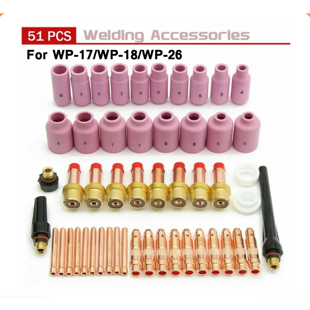 51Pcs TIG Welding Torch Gas Lens For WP17 WP18 WP26 TIG Back Cap Collet And Collet Body Spares Kit Durable Practical Accessories