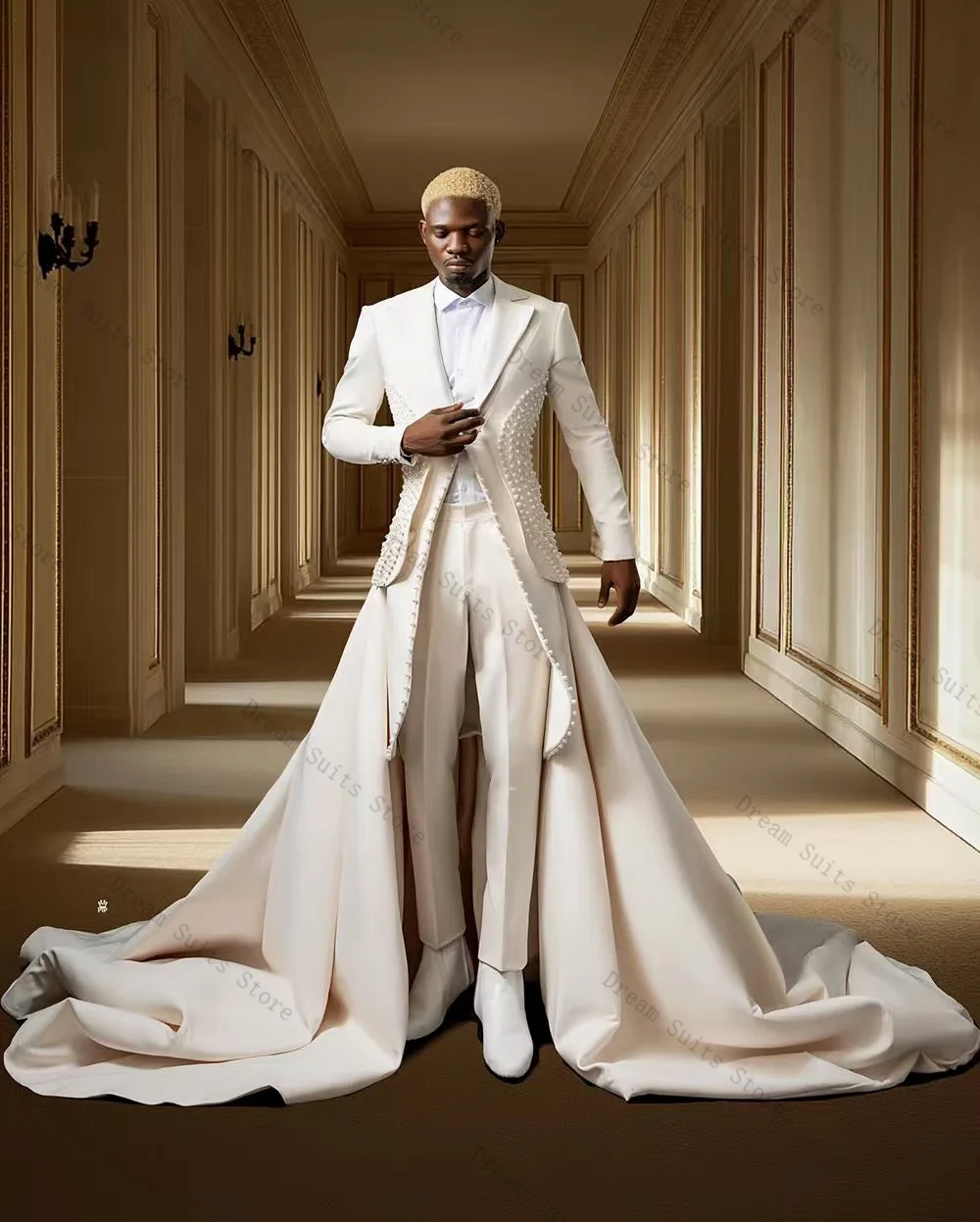 White Pearls Men Suit Set 2 Piece Blazer+Pants Trousers Long Train Customized Formal Office Jacket Wedding Tuxedos Coat Outfit