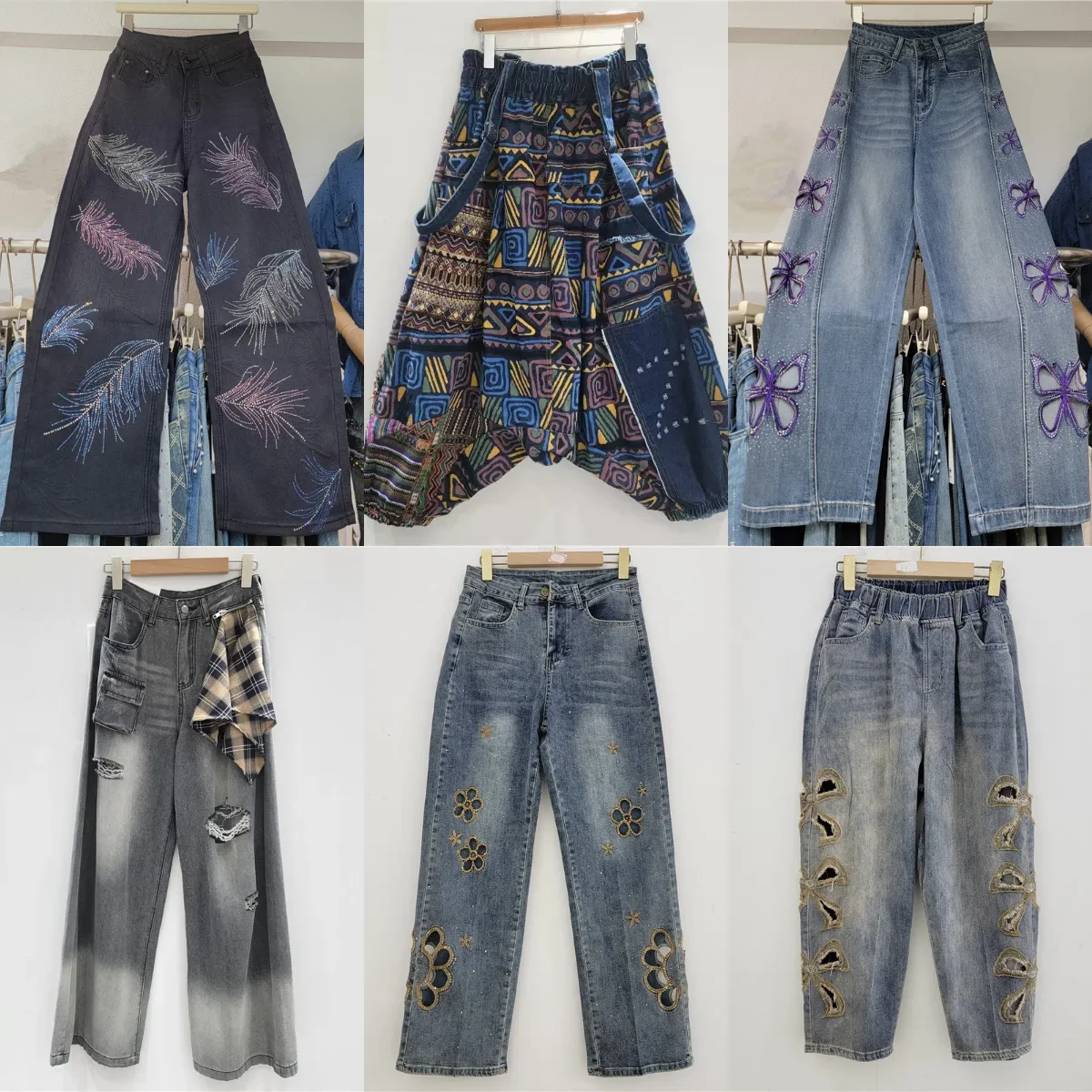 

2025 European and American Fashion Retro Women's Jeans with Broken Hole, Loose Embroidered Wide Leg Pants