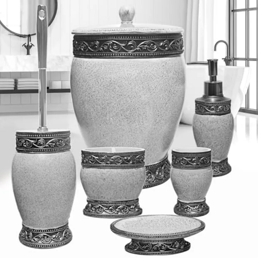 

6 Pieces Bathroom Accessories Set Including Trash Can Cup Toothbrush Holders Soap Dishes Soap Dispenser and Toilet Brush Home D