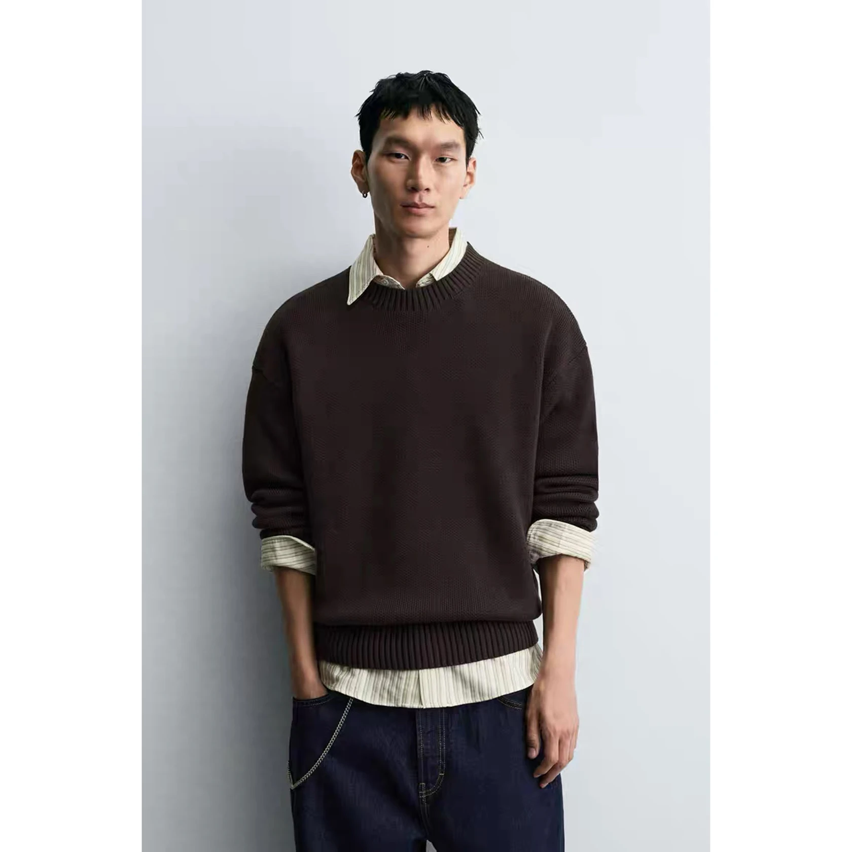 

Новинка: Мужской хлопковый трикотаж, длинный рукав, круглый вырез, свободный крой, осень 2025, повседневная носка, функция тепла