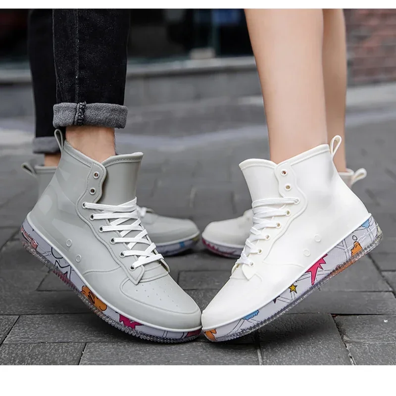 Men Rain Boots Fashion Trendy Nude Boots Anti-skid Work Chef Shoes Durable Waterproof Rubber Fishing Shoes Couple style Sneakers