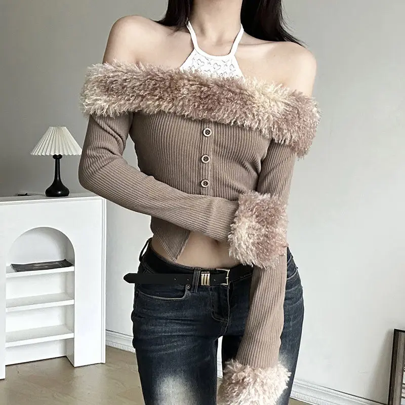 

Sweater Sexy Popular Off Shoulder Plush Button Design Tops Women 2024 Autumn Slim Fit Sweaters Long Sleeve Bottoming Pullovers