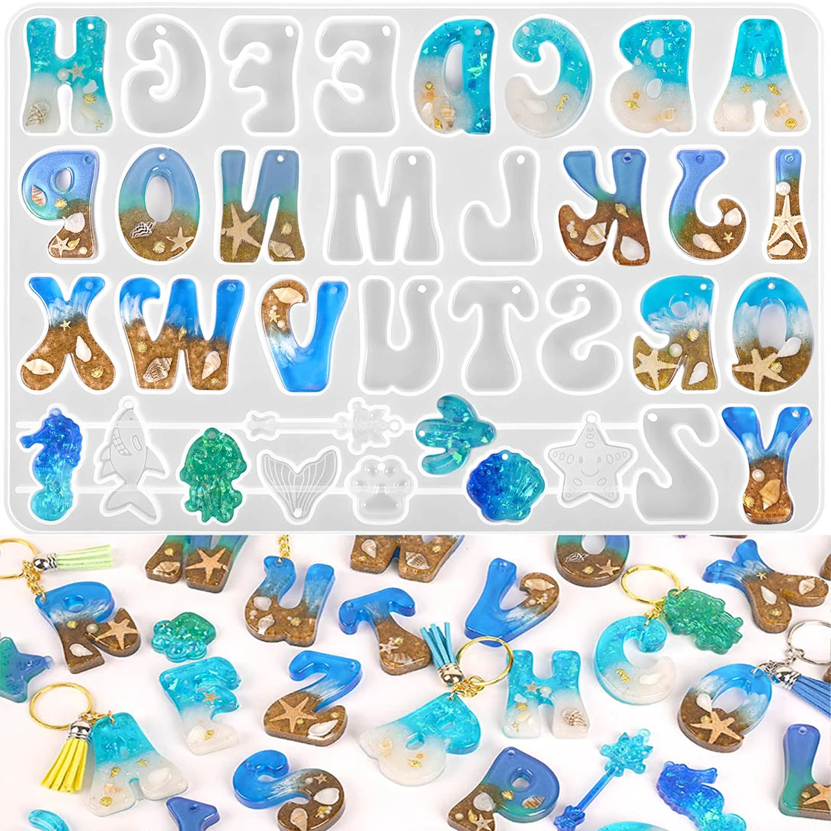 Resin Silicone Mold Alphabet Crafts Marine Organism Casting Mold Letter Number Molds DIY Keychain Earring Jewelry Pendant Making