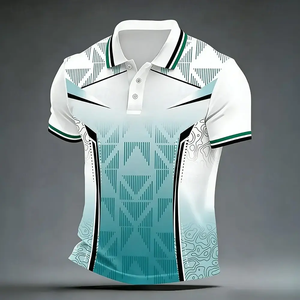 Men's Geometric 3D Print Polo Shirts Short Sleeve Lapel Button Casual Athleisure Tops for Spring & Summer Blue Purple Green
