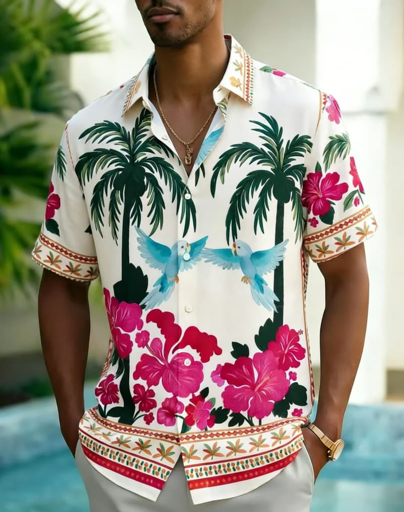 Men's Bold Floral Border Print Shirt, Versatile Casual Wear for Daily Commute, Office Casual, Summer Vacations & Beach