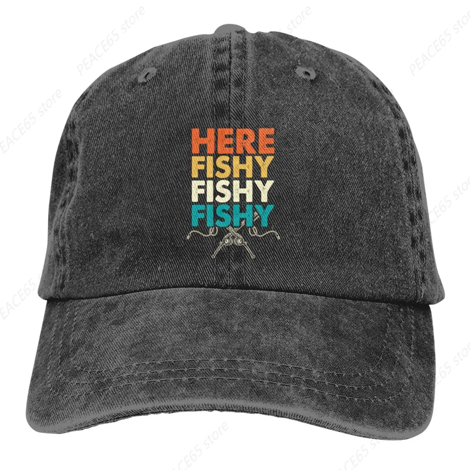 

Here Fishy Fishy Fishy Fishing Life Baseball Cap Cool Denim Caps Dad Hat Adjustable Cotton Hat Men Women