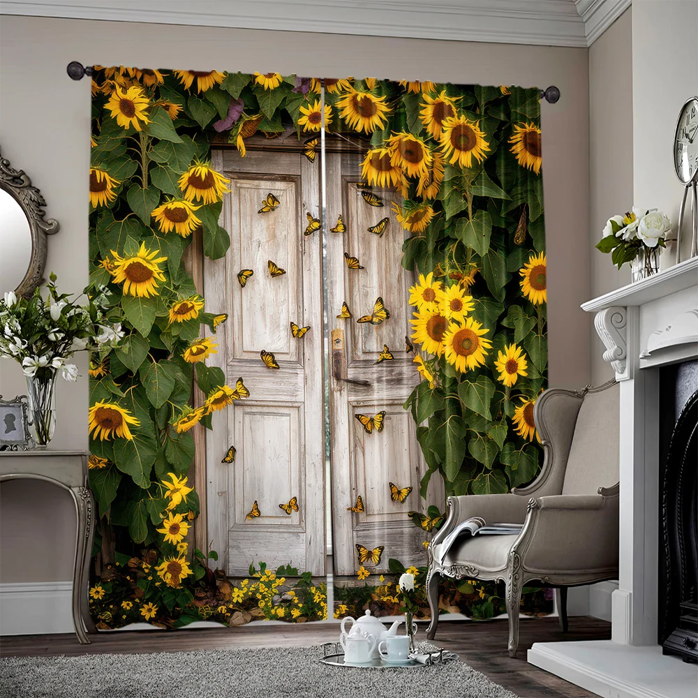 2pcs, spring summer Curtains Sunflower Barn Door Semi-Sheer Curtains Durable 100% Polyester Fabric Versatile All for Grey,
