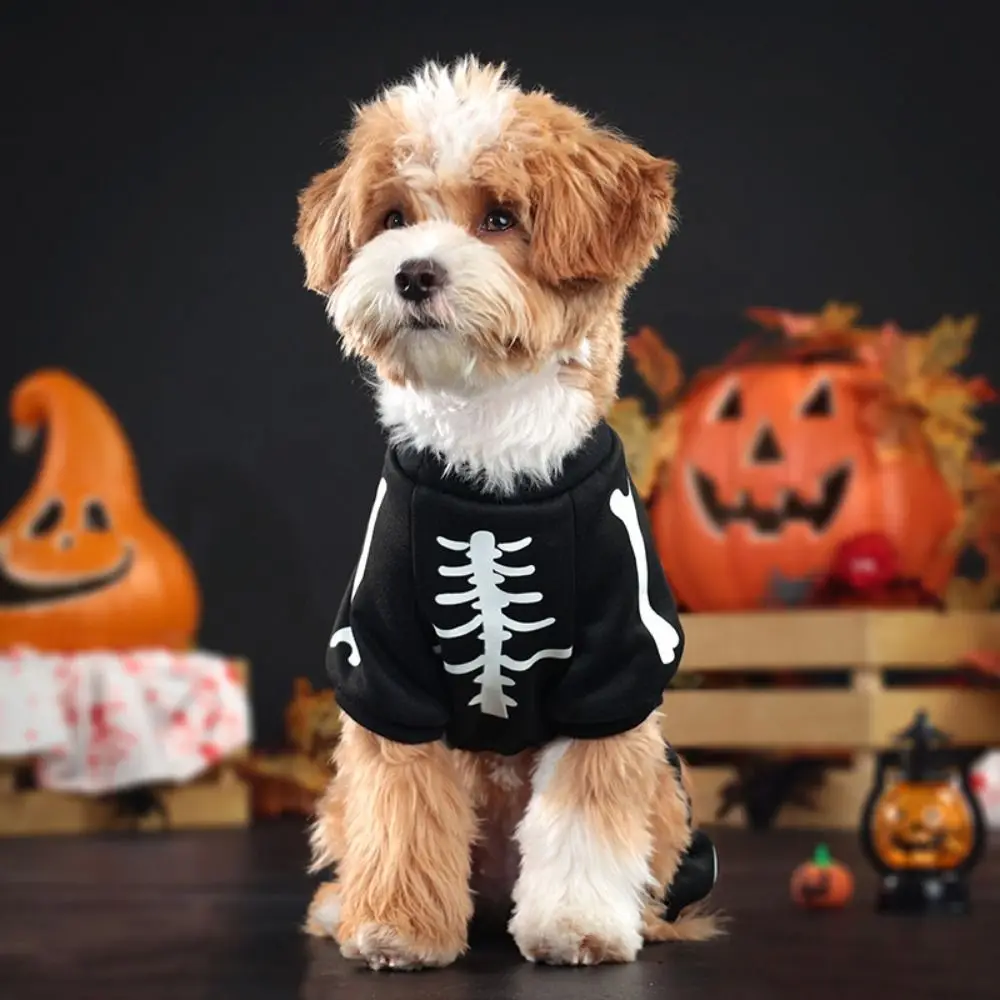 Pet Jumpsuit Luminous Pet Skeleton Costumes Decorative Black Dog Halloween Clothes Soft Halloween Pet Hoodie Cosplay Party