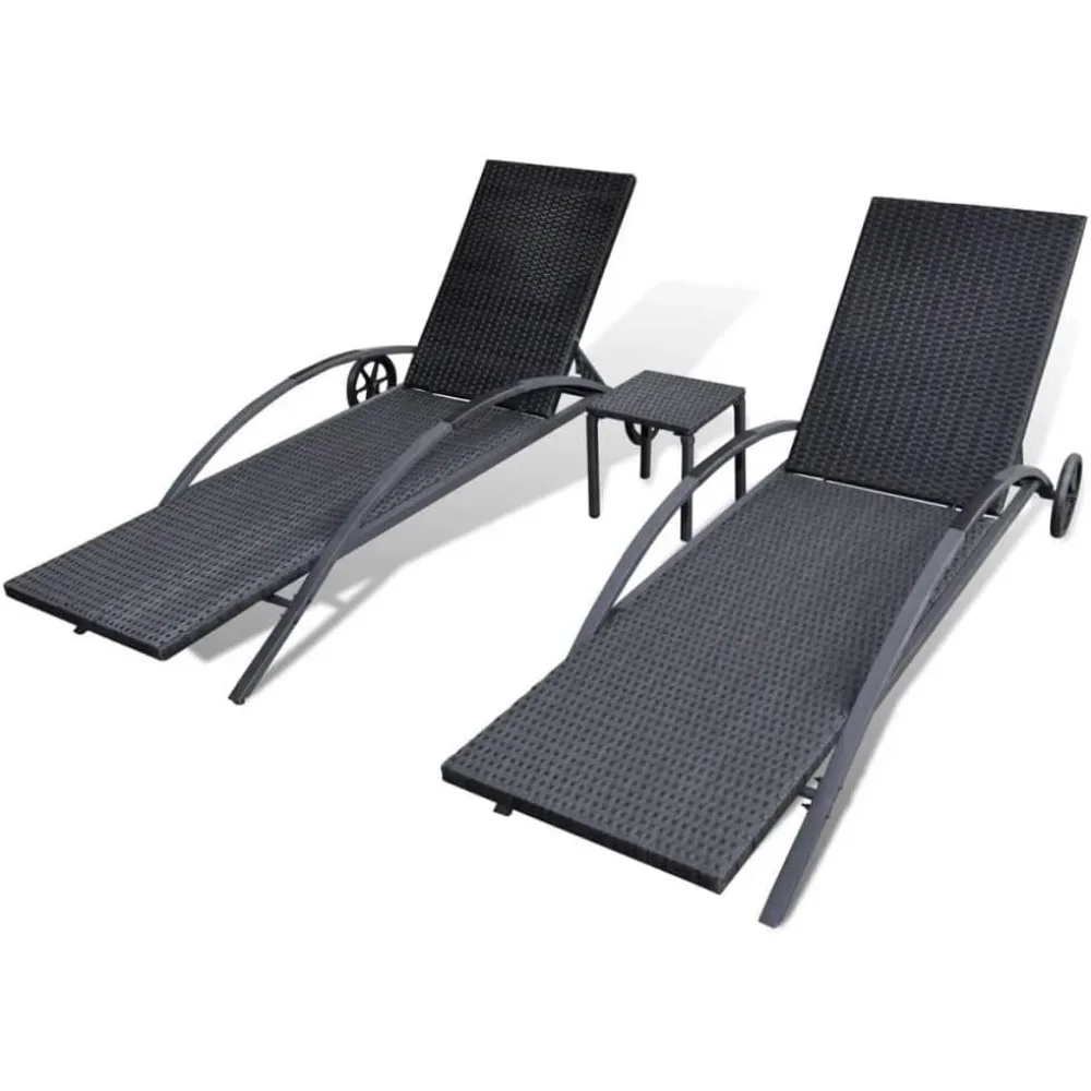 Conjunto de espreguiçadeira de vime elegante e funcional com mesa, encostos ajustáveis, resistente às intempéries, preto