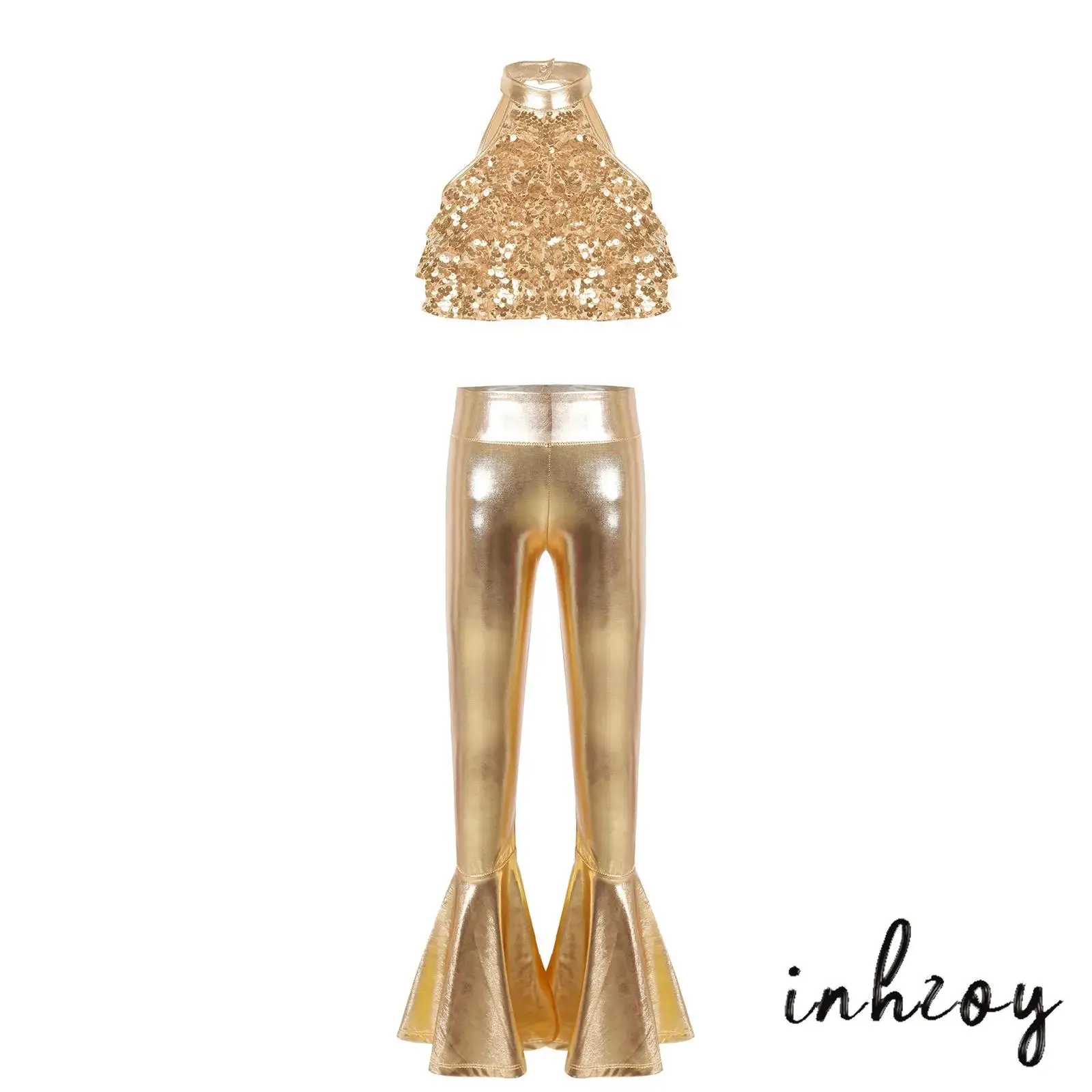 

Kids Girls Jazz Street Dance Performance Costume Sleeveless Cutout Back Shiny Sequin Crop Top with Bell-bottom Metallic Pants