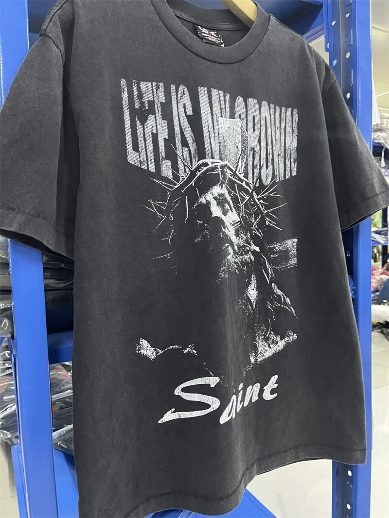 

25ss Jesus Crown of Thorns Saint Michael T Shirt Men Women Washed Black T-shirt Oversized Pure Cotton Top Tees