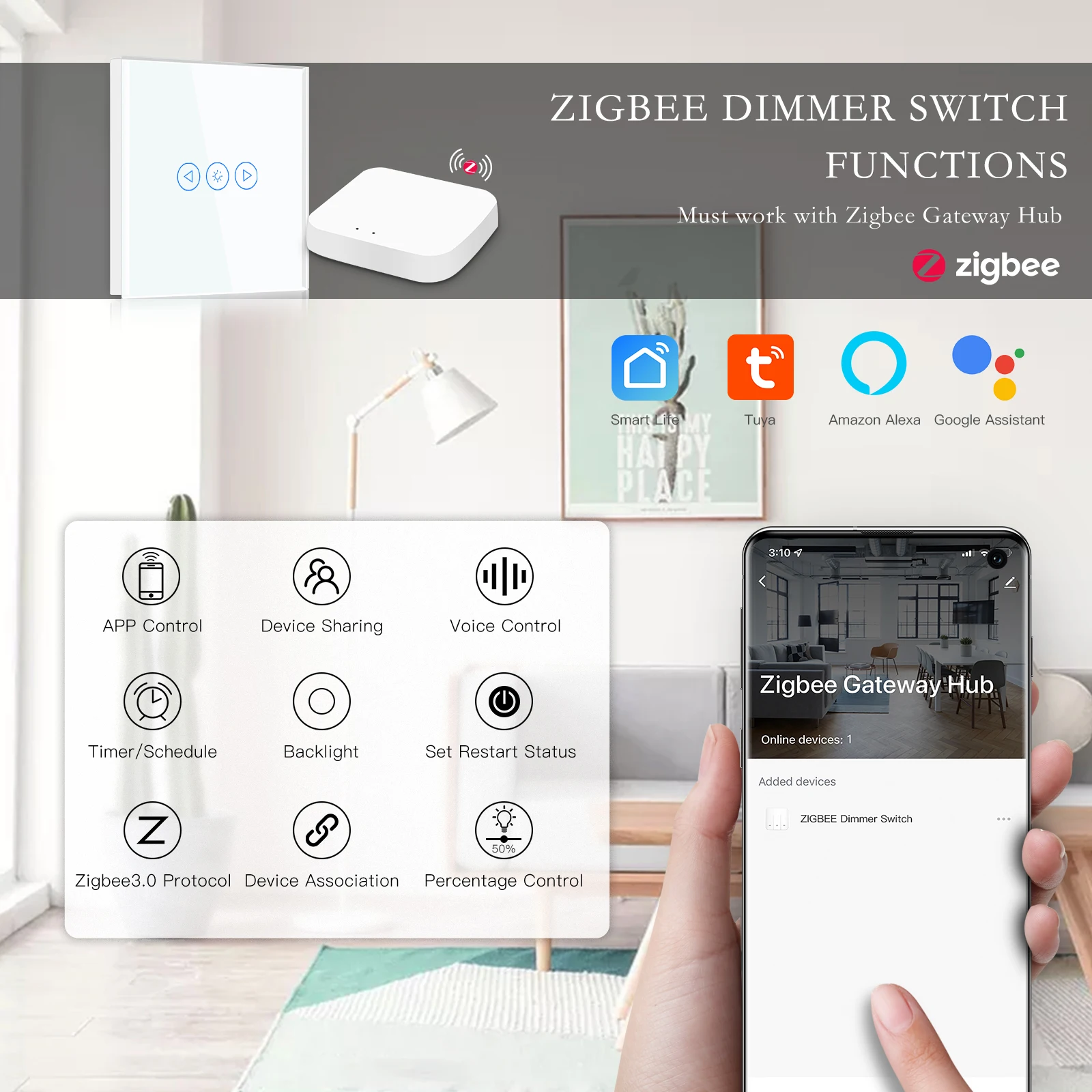 BSEED Zigbee Dimmer Touch Switches Wall Dimmers Tuya Smart Life Alexa Control Plus Normal EU Socket  Type-c USB Ports White