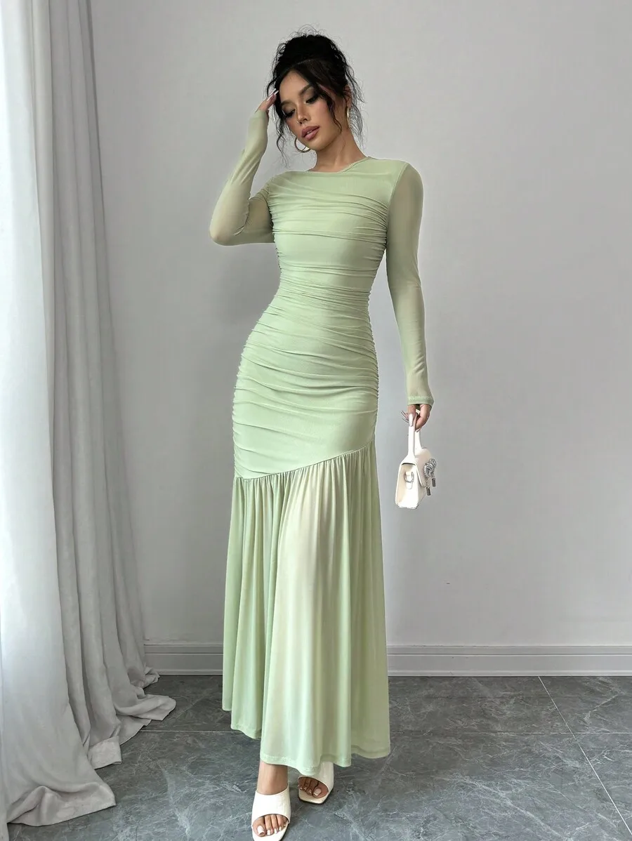 

Mint Green Long Sleeve Ruched Maxi Dress with Flared Hem