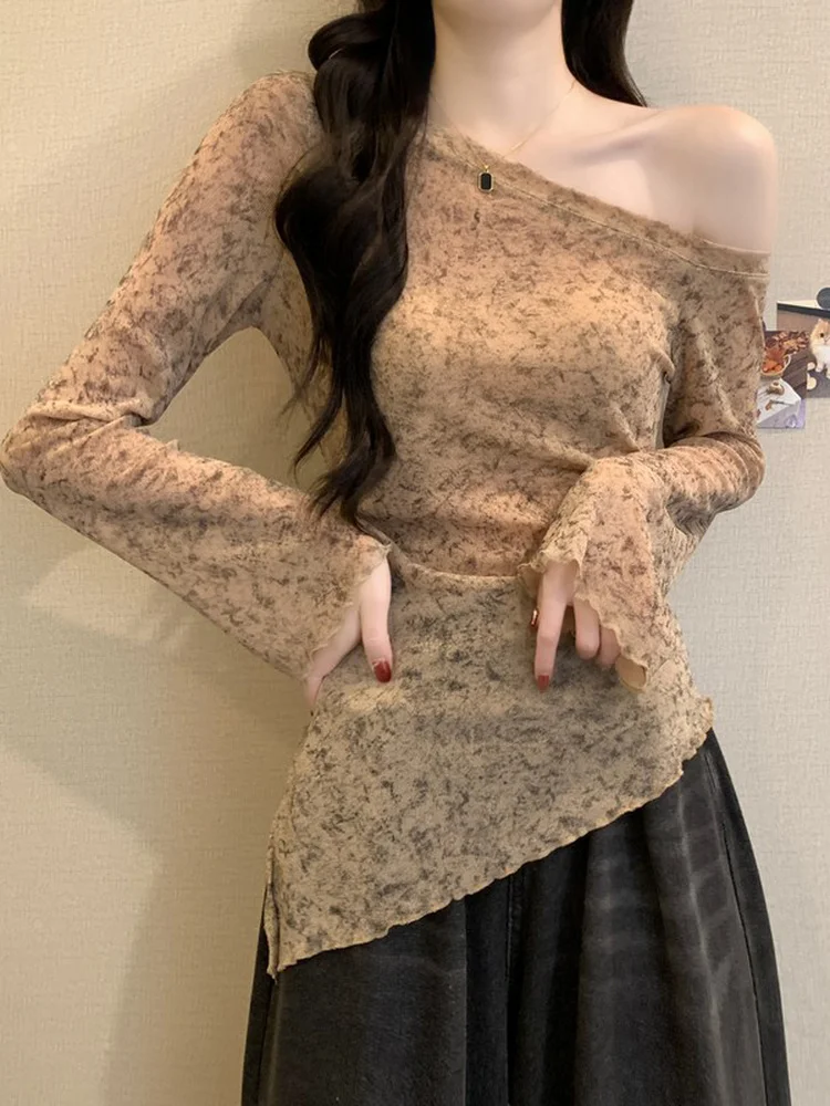 スイート スレ ロング スヴェ タイダイ スリムフィット ショルダーTシャツ レディース ソフトで美しい 薄手 ショルダートップ 初秋向け