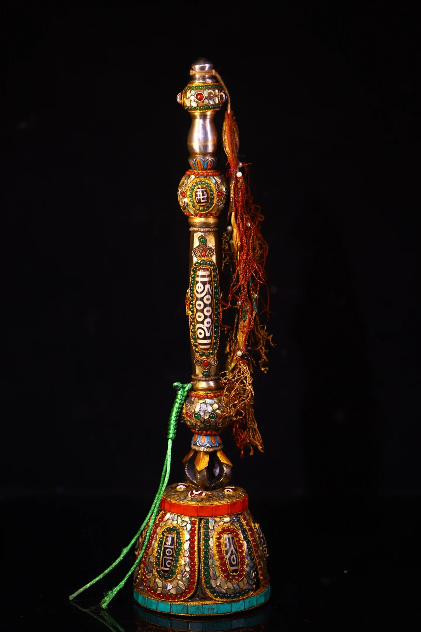

16"Xizang Folk Old Tiantie Painted Mosaic Gem gZi Beads Turquoise Dorje Vajra Amulet Bodhi Root Base Exorcism Town House