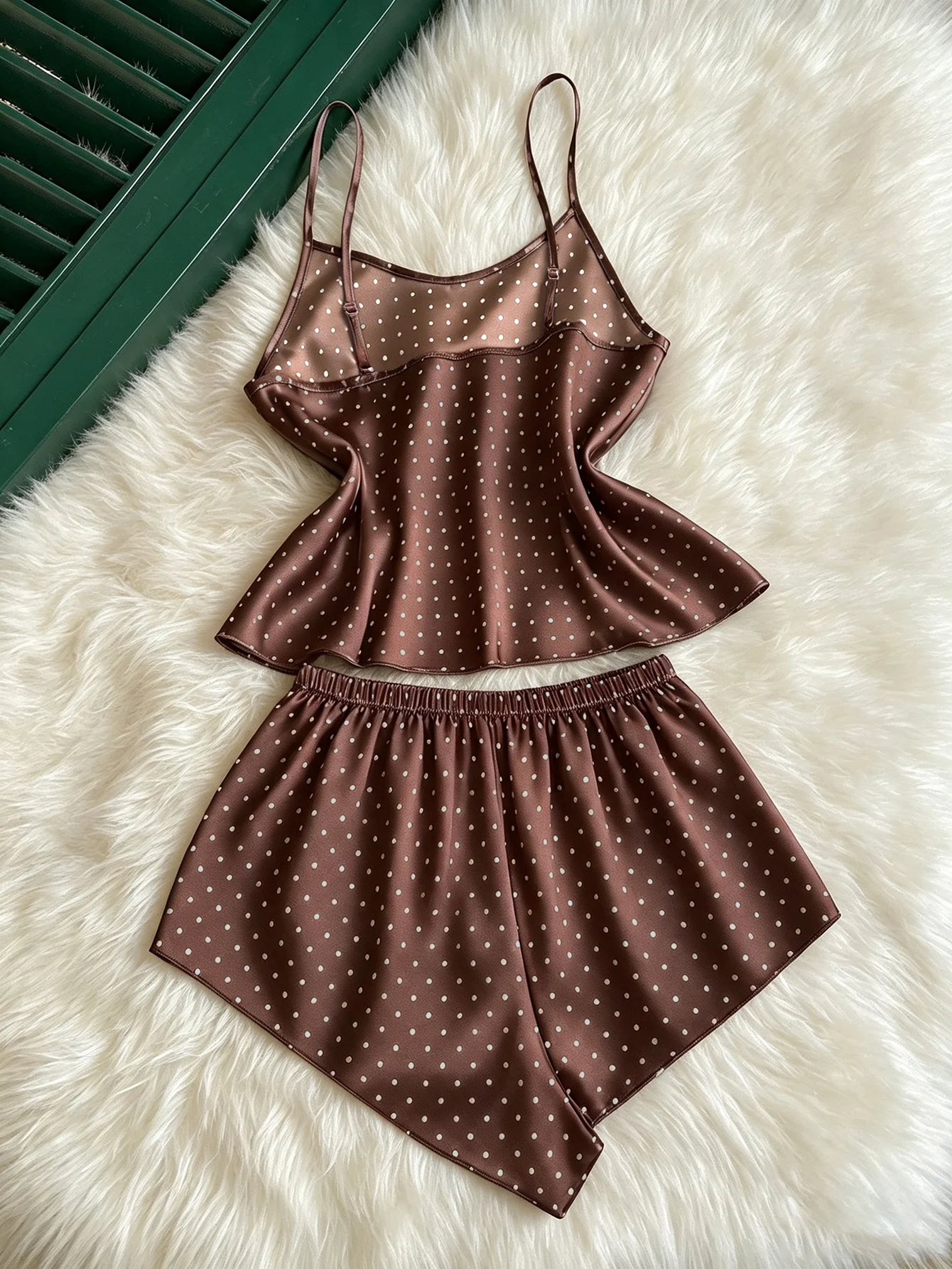 New Fashion Women Polka Dot Print Satin 2Pcs Pajama Set Elegant Round Neck Top Elastic Waist Shorts Ladies Home Sleepwear view 2