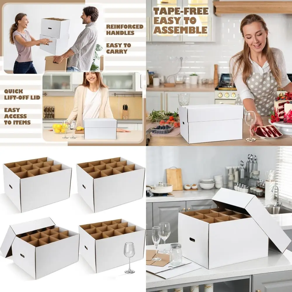 Conjunto de 4 caixas móveis brancas para cozinha e taças de vinho com alças e tampas, 20x15x12 polegadas