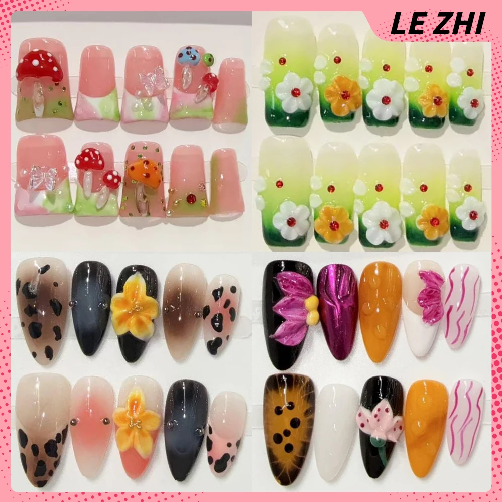 

Spice Girl Almond Handmade French Style Press On Nails 3D Flower Pearl Steel Balls Diamond Water Drop Detachable False Nail