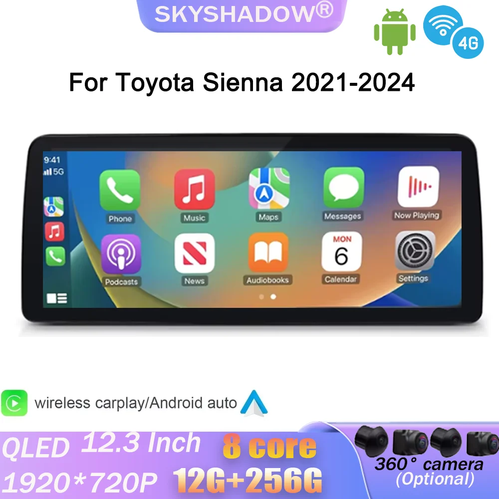 

12.3" Android 14.0 Stereo Car Radio For Toyota Sienna 2021-2024 CarPlay GPS Navigation 4G WiFi Bluetooth Car Multimedia Player
